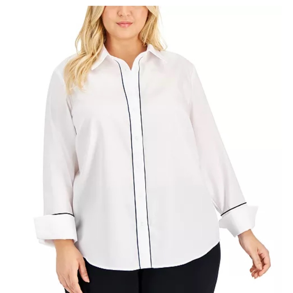 Anne Klein‎ Plus Size Non-Iron Cotton Piped-Trim Blouse NWT